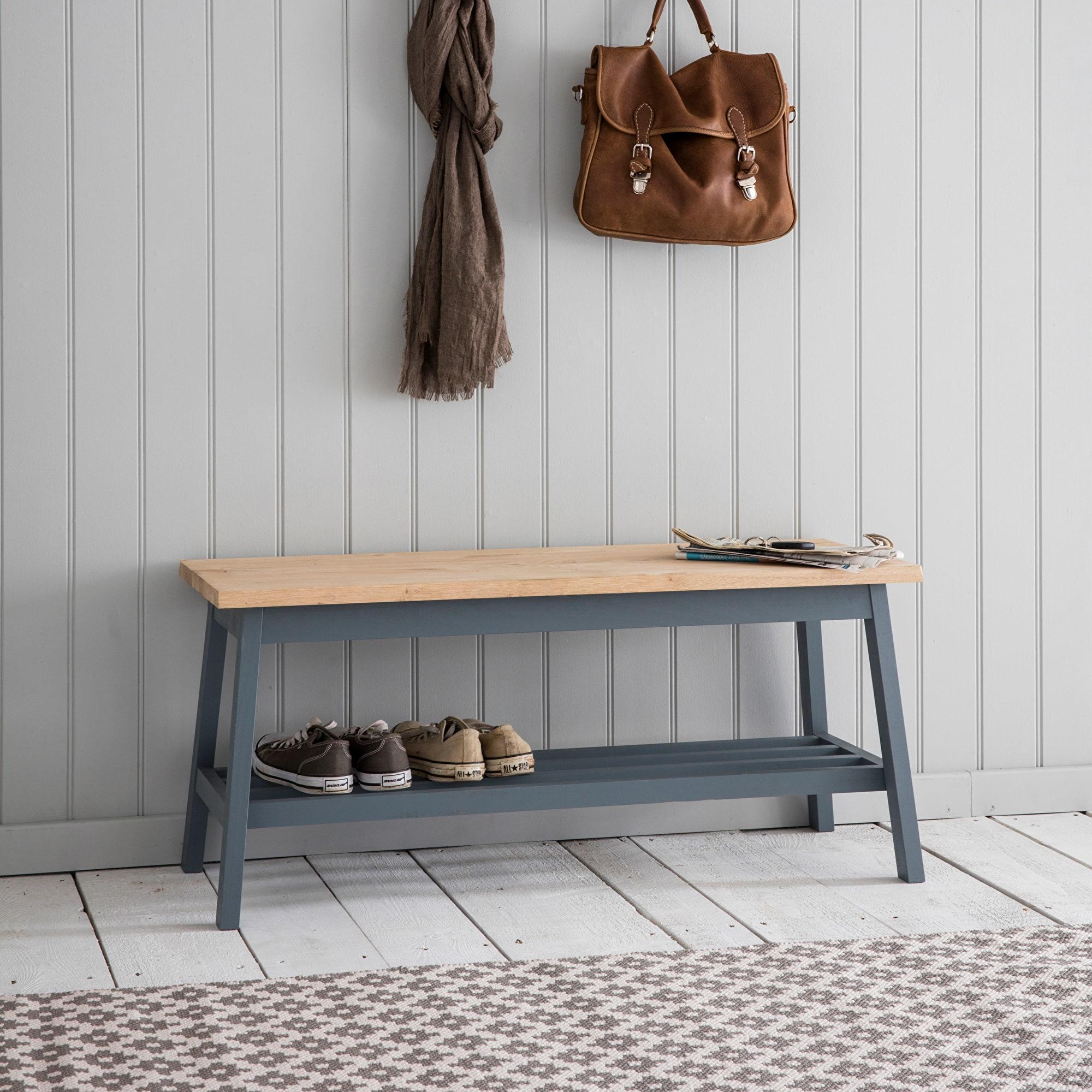 hallway bench in oak and painted beech wood blue-grey colour