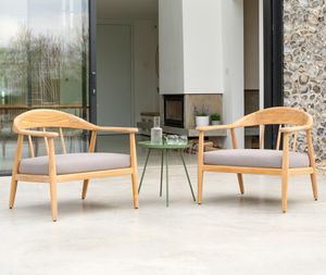teak garden lounge armchairs pair patio modern mid century design all weather cushions