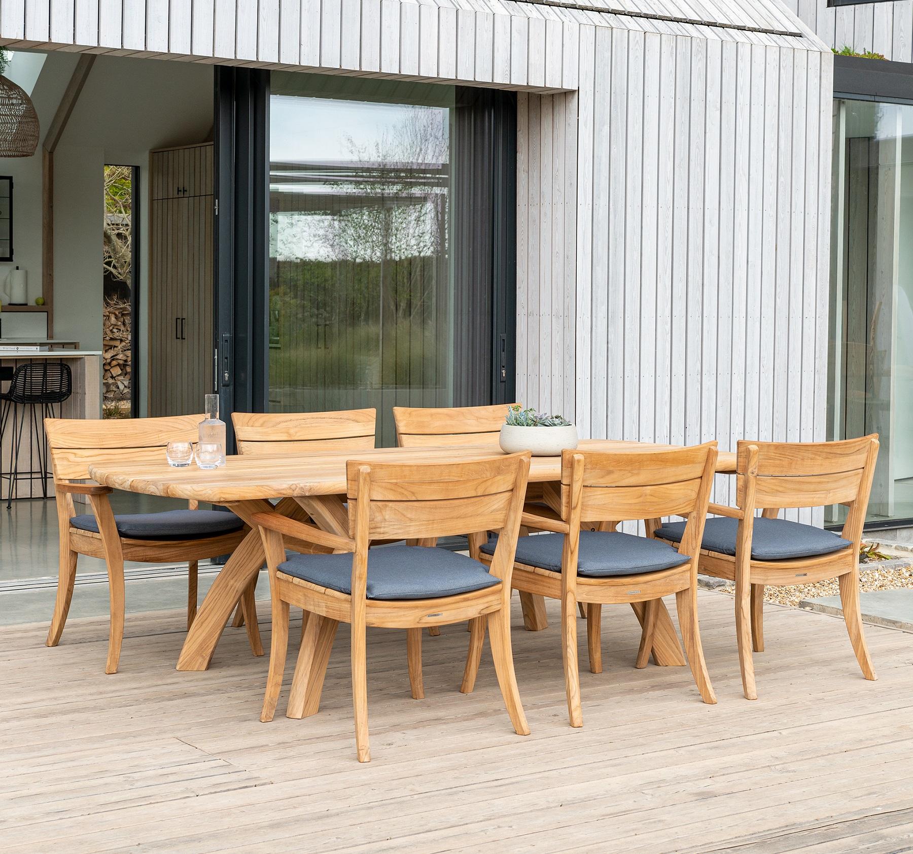 solid FSC teak garden dining table and chairs with seat cushions all weather kvadrat fabric