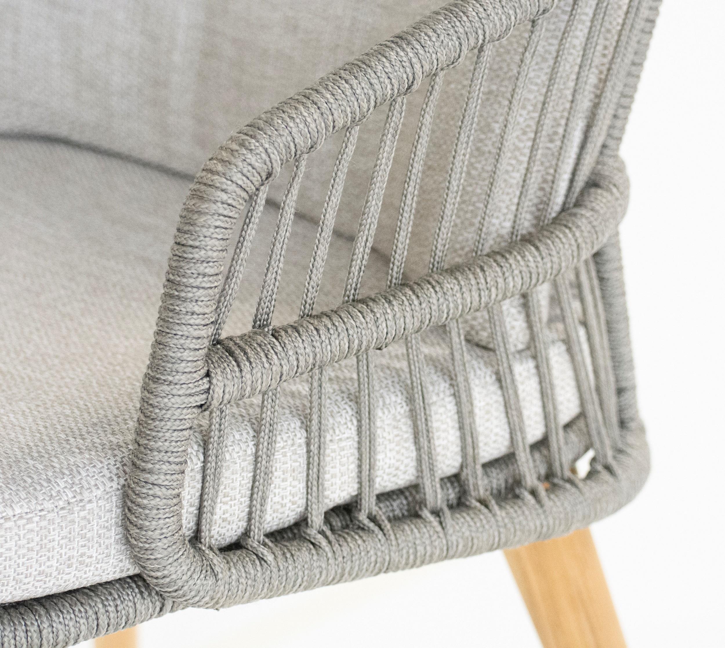 rope weave detail of patio garden dining chair in frost light grey