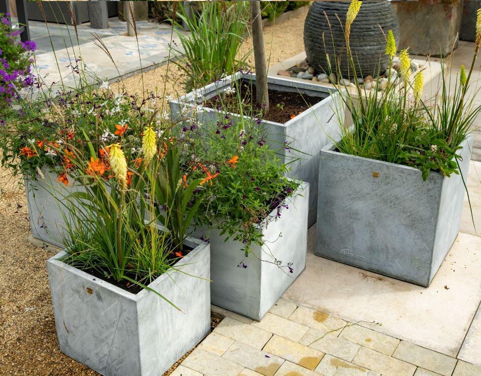 galvanised zing metal cubed square garden planters in 3 sizes