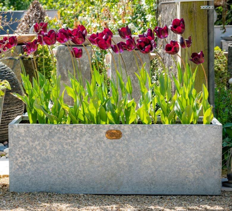 modern garden trough planters in galvanised zinc metal