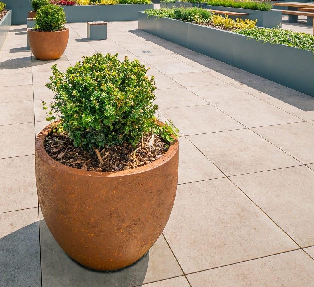 fibreglass garden planter in corten steel effect finish outdoor fully weatherproof uk made