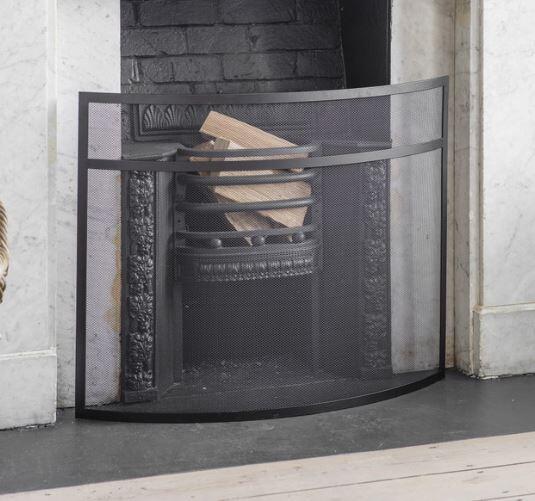 large firescreen modern black curved steel frame and mesh sparks and ash safety