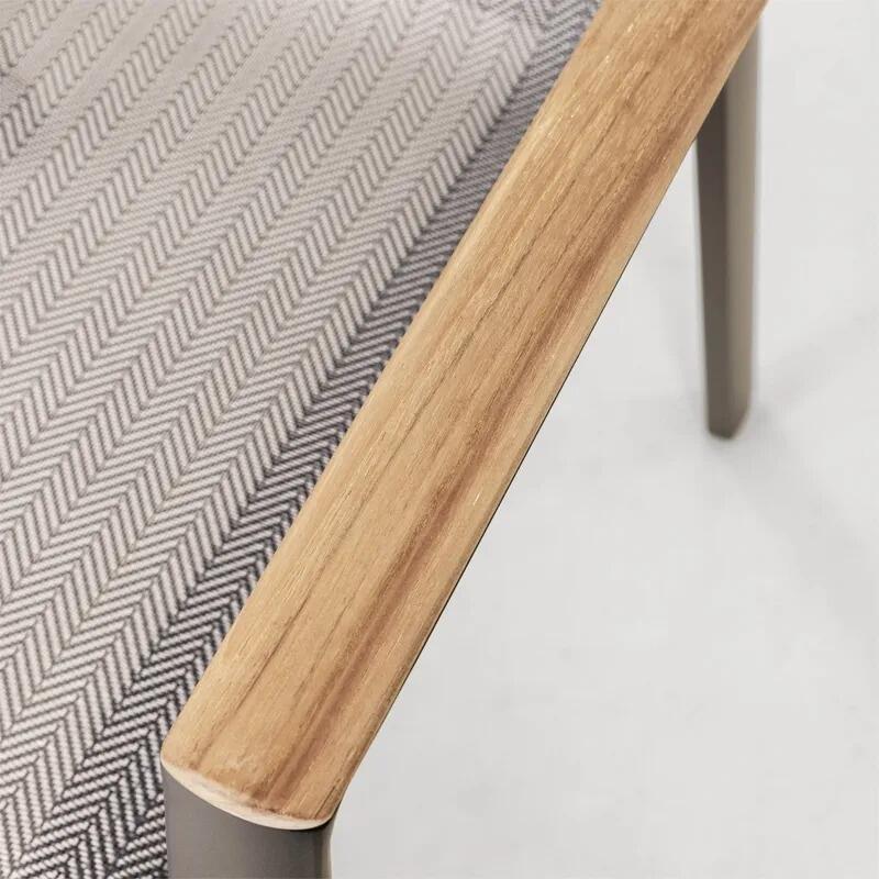 teak armrests and herringbone sling fabric detail for garden sunlounger