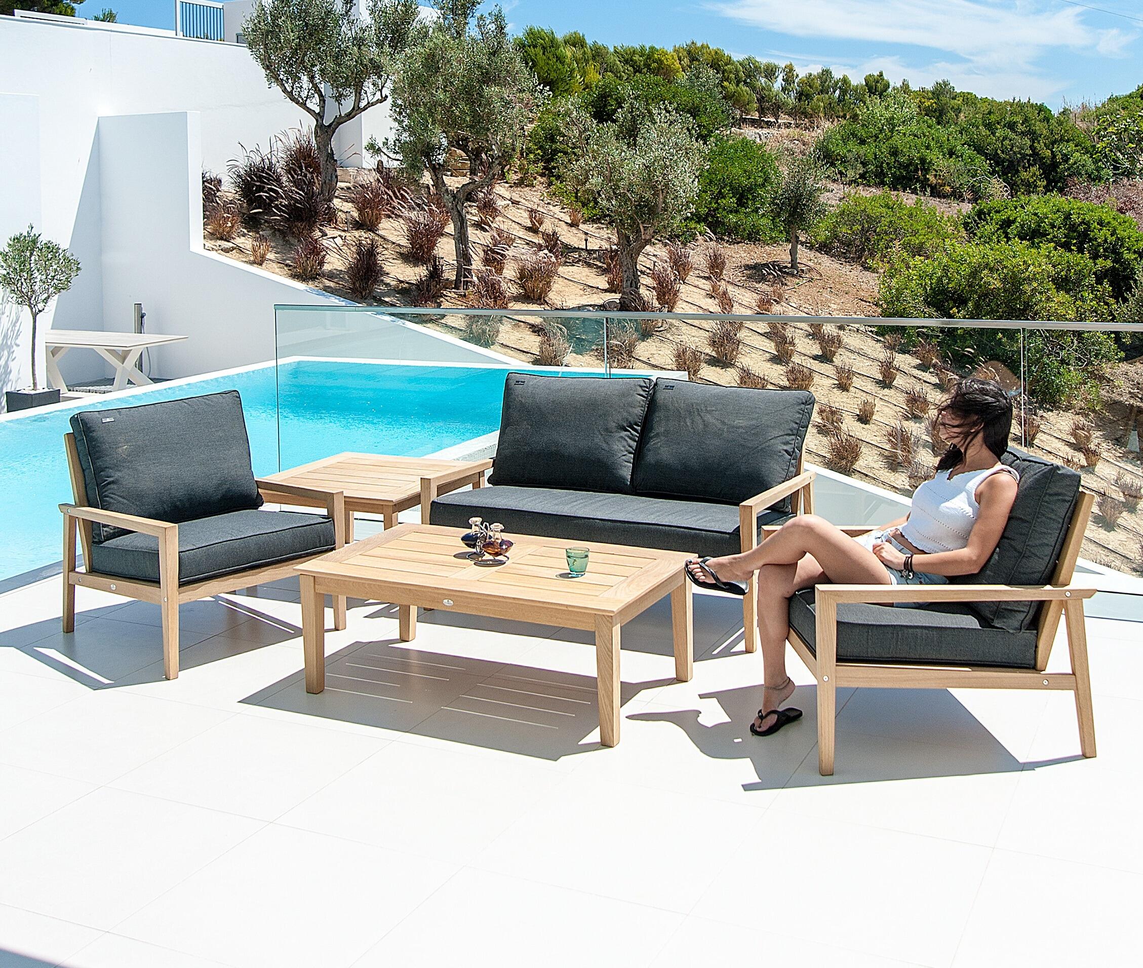modern garden lounge sofa and armchair set with olefin charcoal outdoor cushions and coffee tables