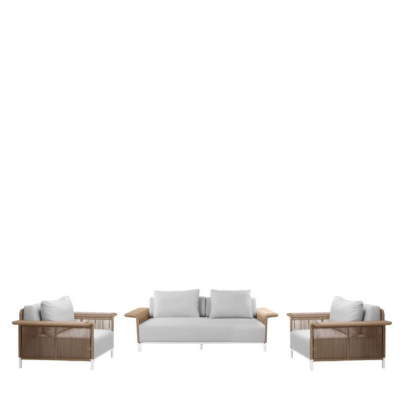 4 piece modern garden sofa and armchairs lounge seating set outdoor all weather ivory cushions on sand rattan weave