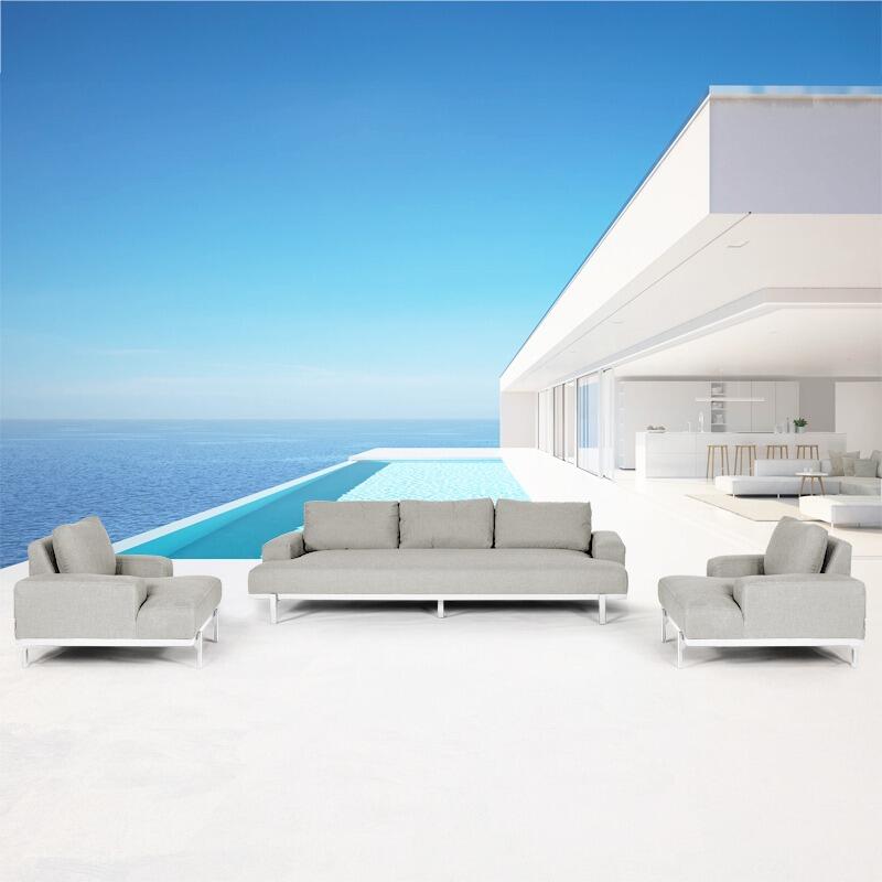 garden lounge set 3 seater sofa and 2 armchairs in all weather fabric sand and white aluminium metal frames modern chill