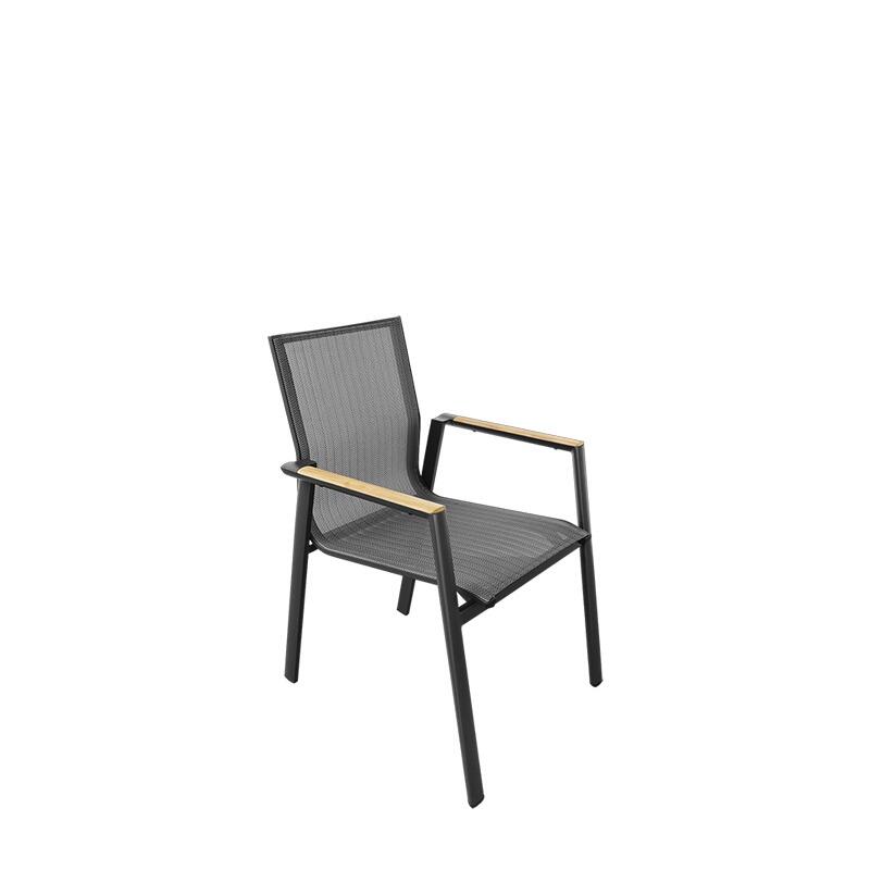 grey charcoal sling stacking garden dining chair with teak armrests all weather aspen