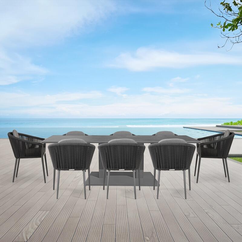6 seater modern garden dining furniture patio set grey aluminium and modern wicker chairs all weather cushions