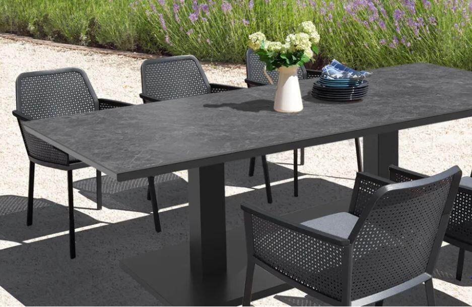 all weather modern garden dining set grey aluminium and mesh metal table and armchairs matrix