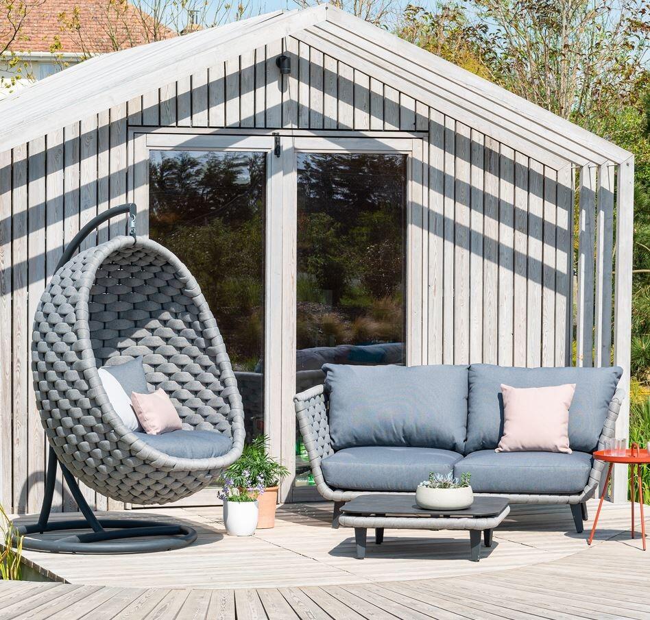 garden hanging egg chair all weather grey wide rope weave and cushions