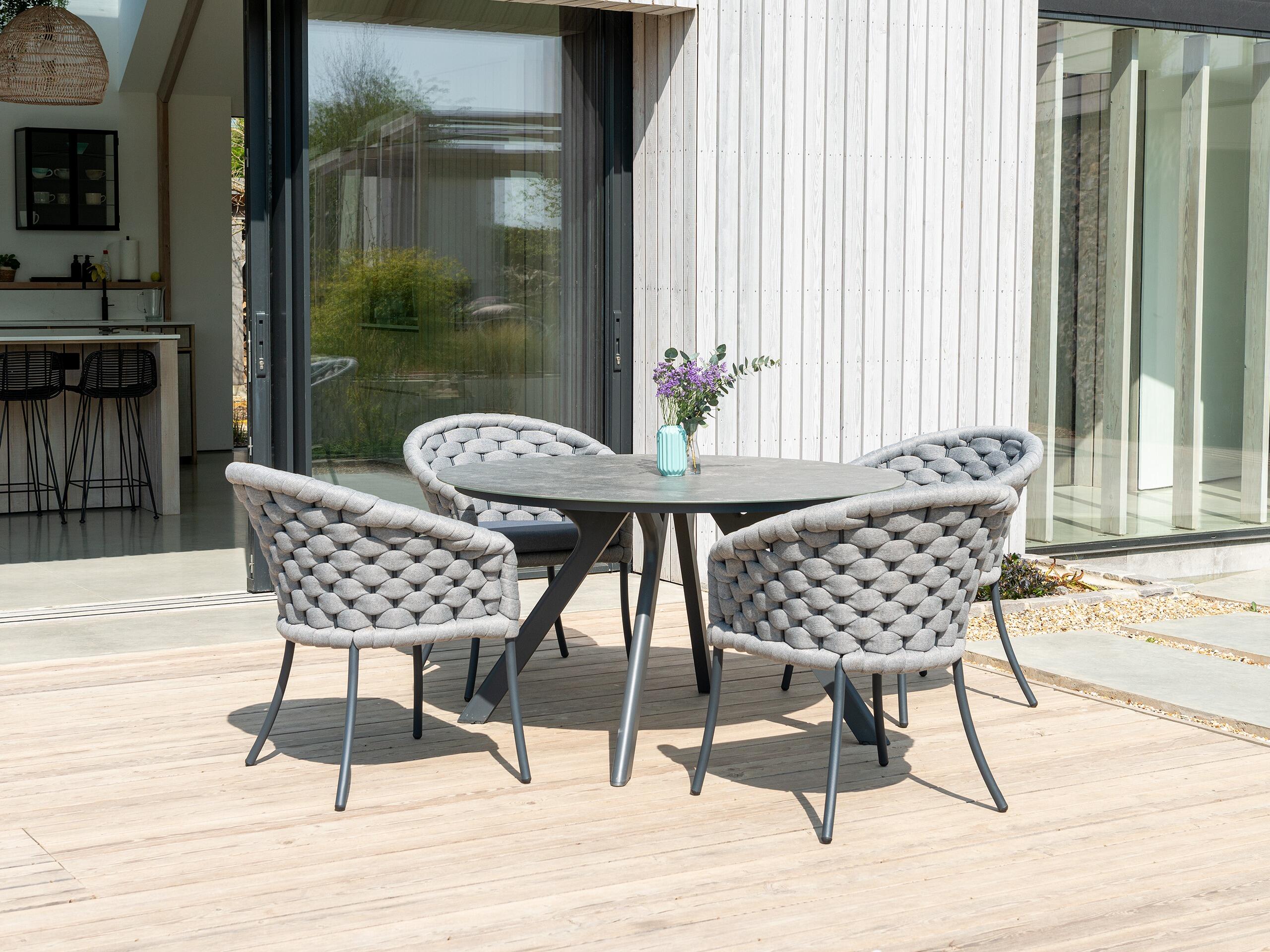 4 seater modern garden dining table and all weather rope weave dining chairs modern cordial luxe rimini light grey