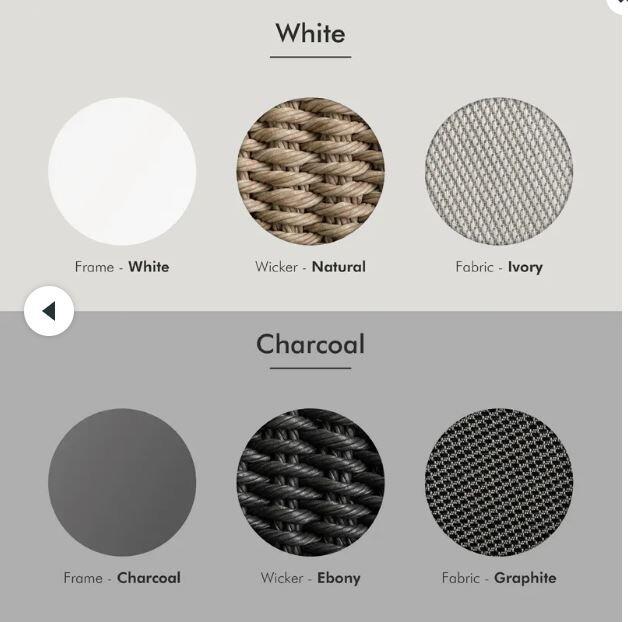 2024 colour card aluminium and rope weave and all weather fabric cushions