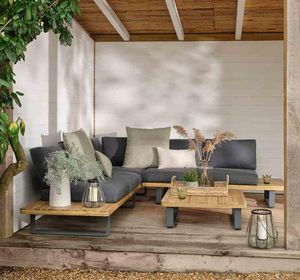 modern garden corner sofa in aluminium and acacia hardwood with grey seat and back cushions