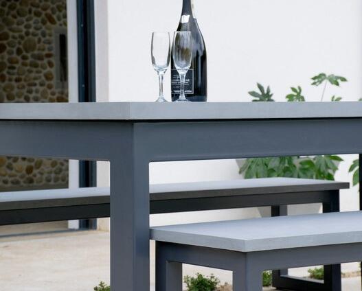 garden table and benches steel and microcement modern patio indoor outdoor furniture detail