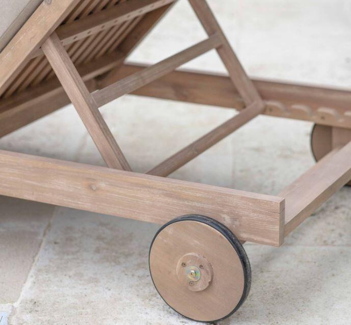 wheels wooden garden sun lounger or sunbed pool hardwood acacia wood and grey cushions