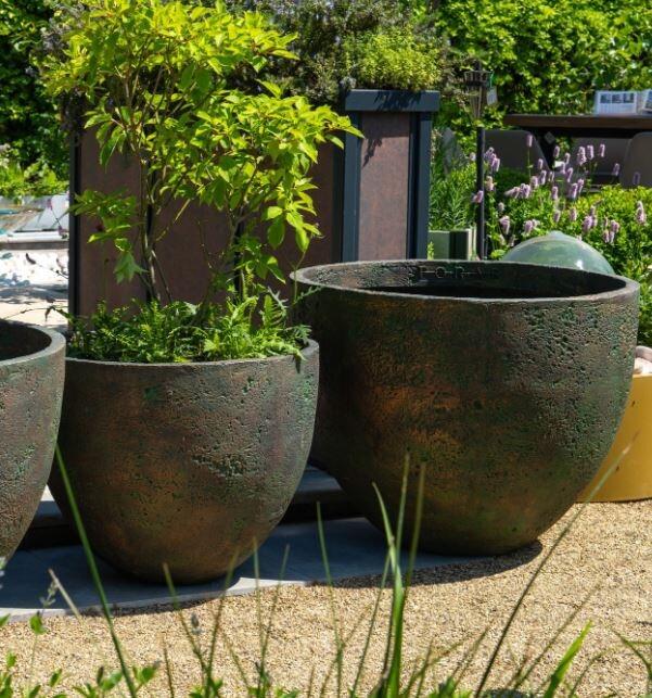 modern verdigris garden planters in high quality resin for outdoor use