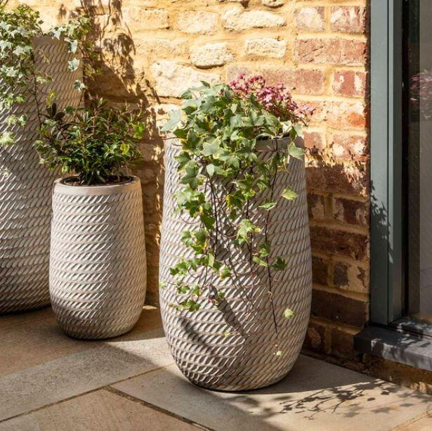 modern garden planter tall brown fibre clay rope bramdean