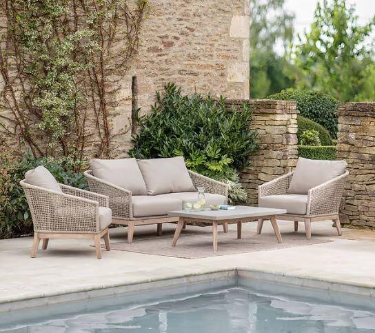 rope weave garden lounge sofa armchairs set acacia wood all weather open rope