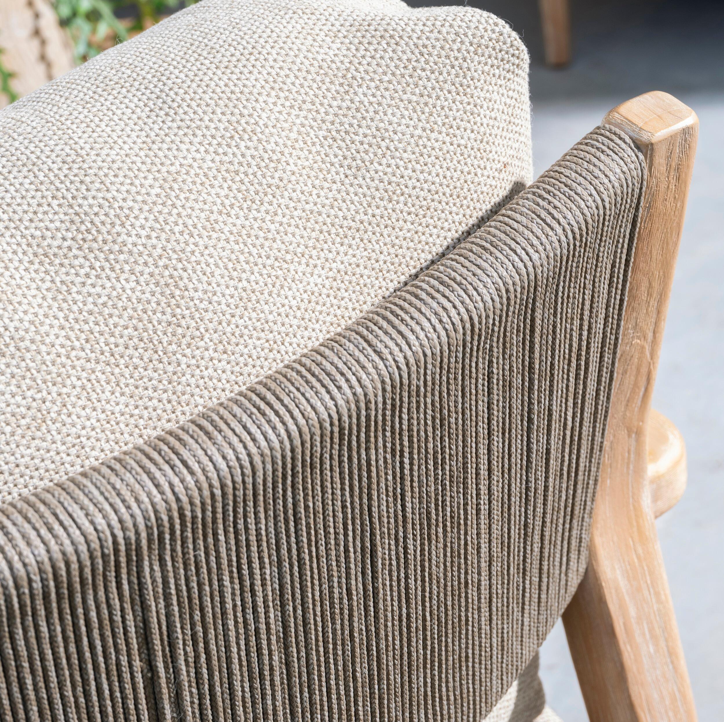 teak and rope weave garden dining chairs with all weather outdoor cushions