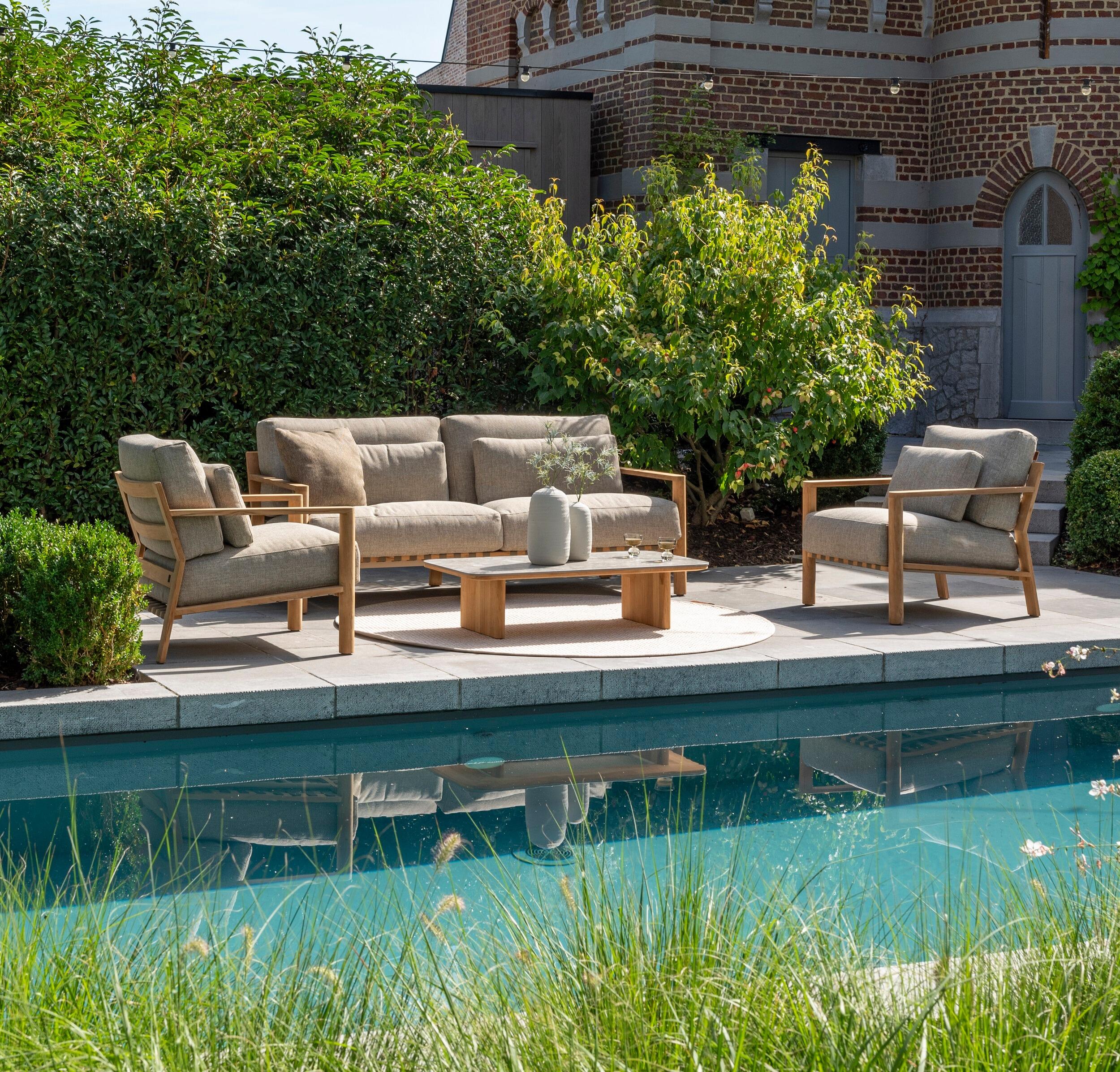 modern teak garden lounge set, sofa, armchairs, footstool and coffee table, all weather cushions outdoor patio furniture lucas