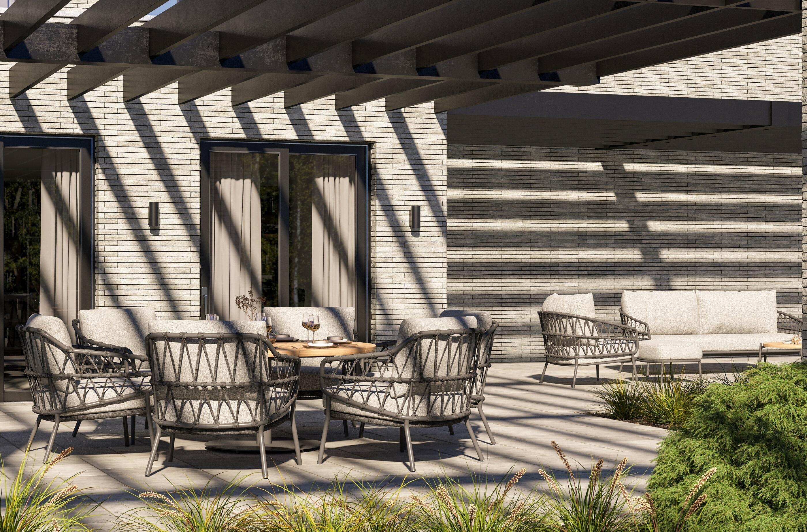 grey modern low garden dining set all weather rope weave outdoor calpi armchairs dining chairs cushions