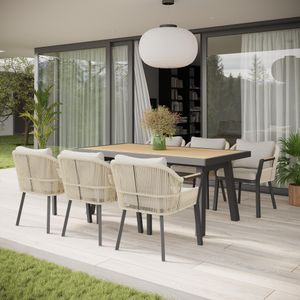 modern garden dining table in grey aluminium with cream all weather rope weave patio dining chairs and cushions