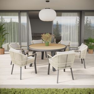round garden dining table in grey and wood effect aluminium and all weather rope weave patio outdoor dining chairs bali