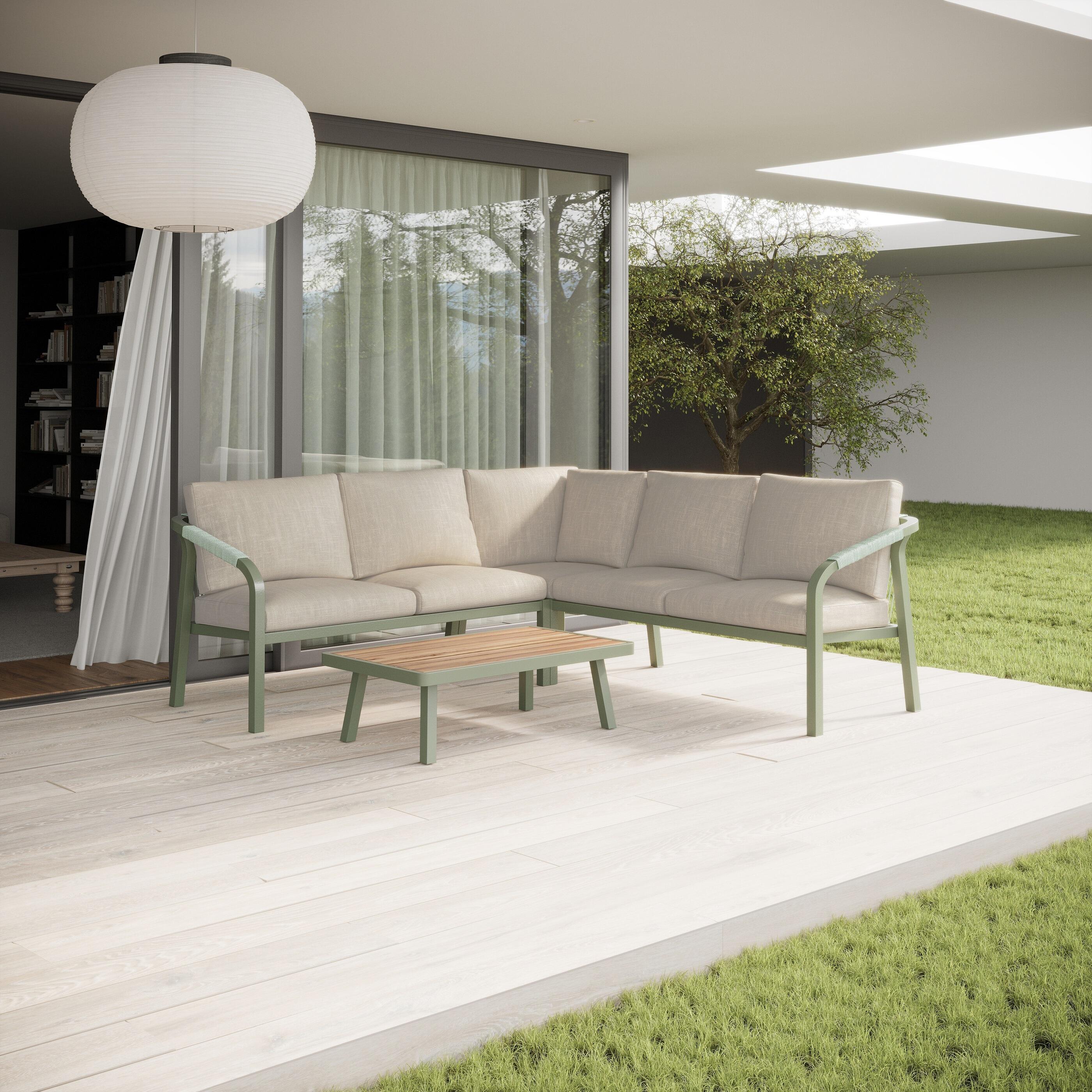 genoa aluminium garden corner sofa modern L shaped olive green all weather rope weave and cream cushions