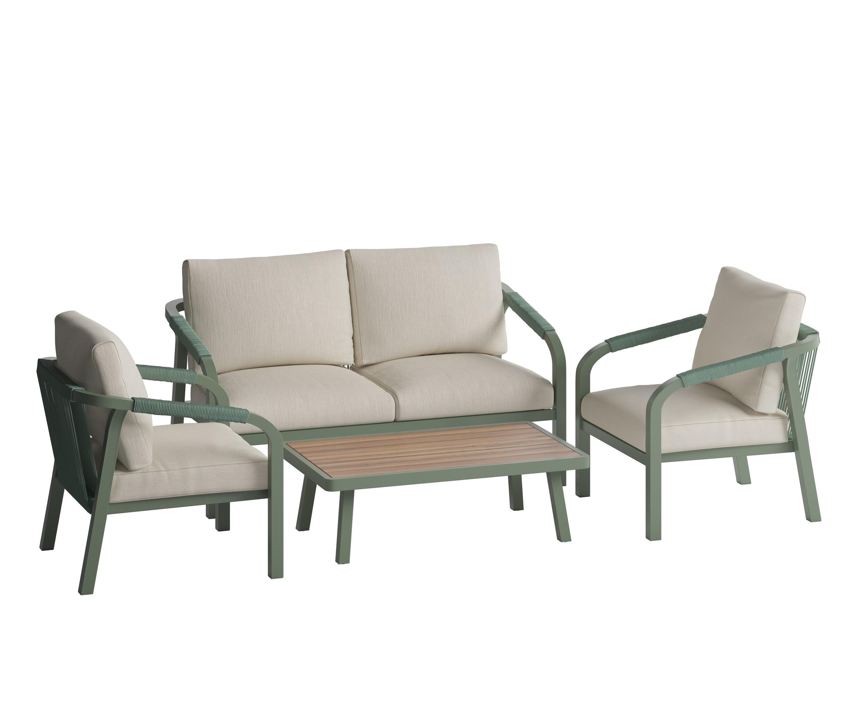modern garden lounge sofa and armchairs in olive green aluminium and all weather rope weave with cream cushions