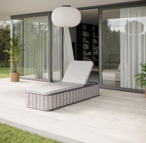 grey rattan garden sun lounger with cushion modern boxy all weather outdoor patio pool sunbed