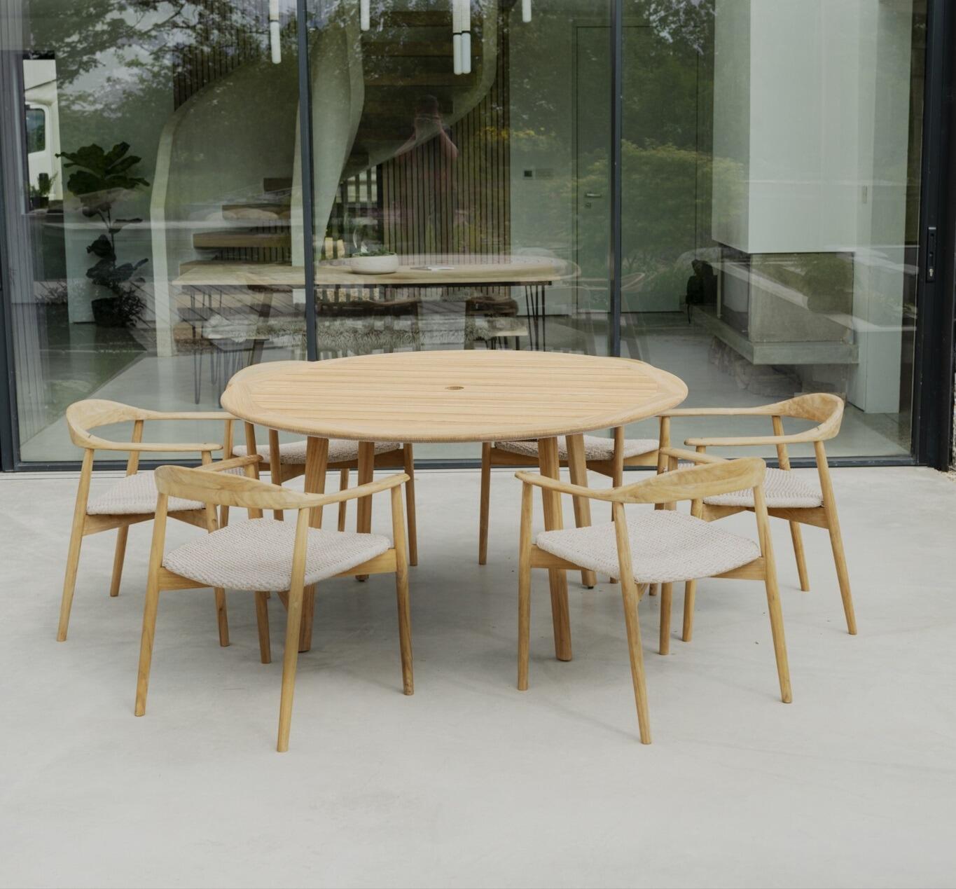 round teak garden dining table and 6 teak and rope weave patio dining chairs dana