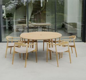 round teak garden dining table and 6 teak and rope weave patio dining chairs dana