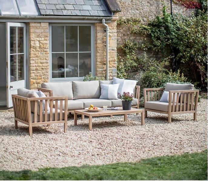 wooden grey garden sofa and armchairs lounge set outdoor patio use showerproof grey cushions