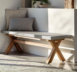 modern bench for outdoor garden use or indoor hardwood acacia and polystone seating