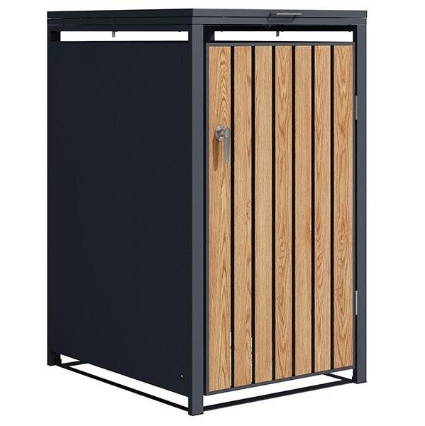 single wheelie bin cover house cut out in grey galvanised steel with wood effect doors