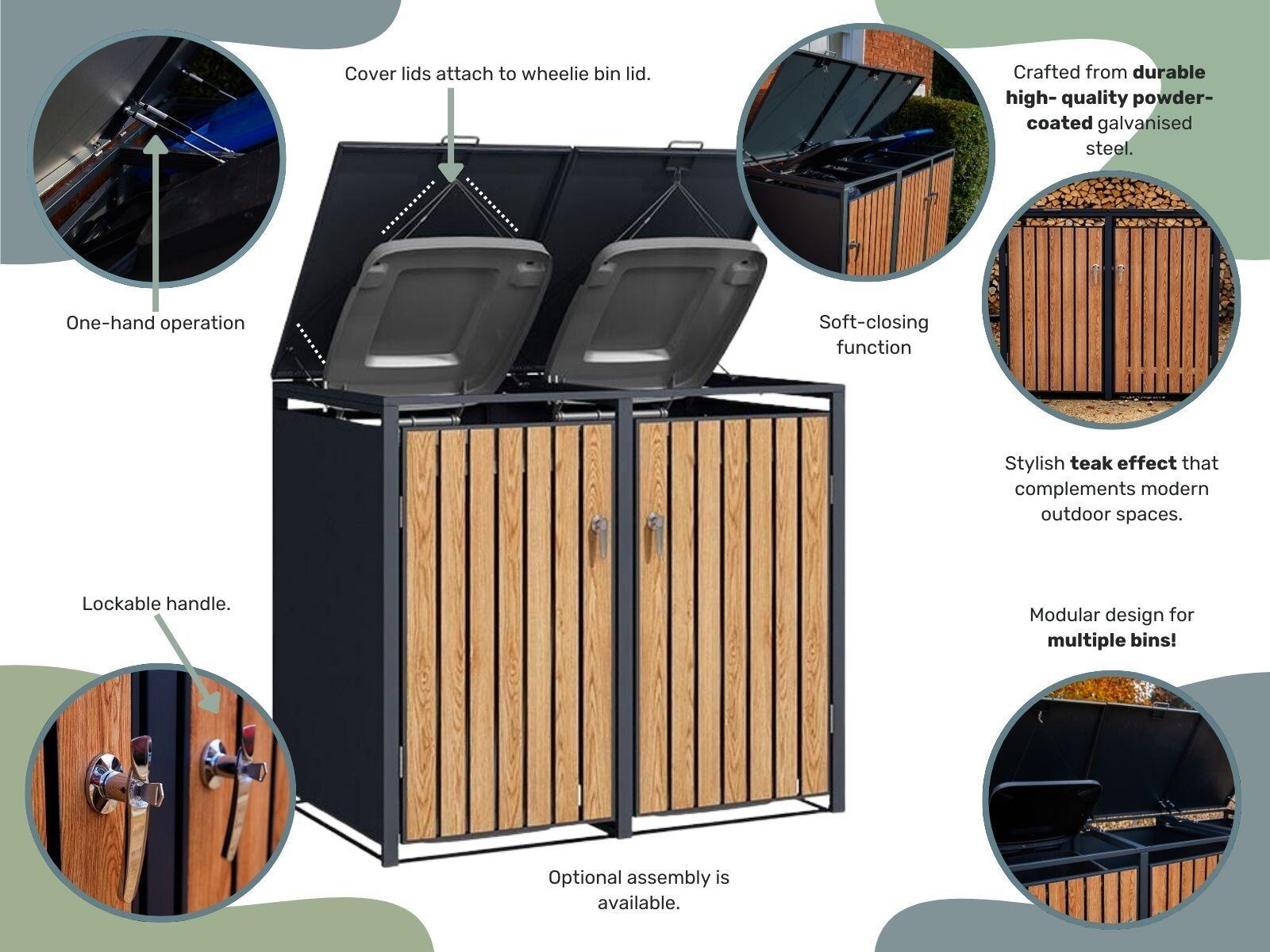 double wheelie bin cover house in grey galvanised steel with wood effect doors