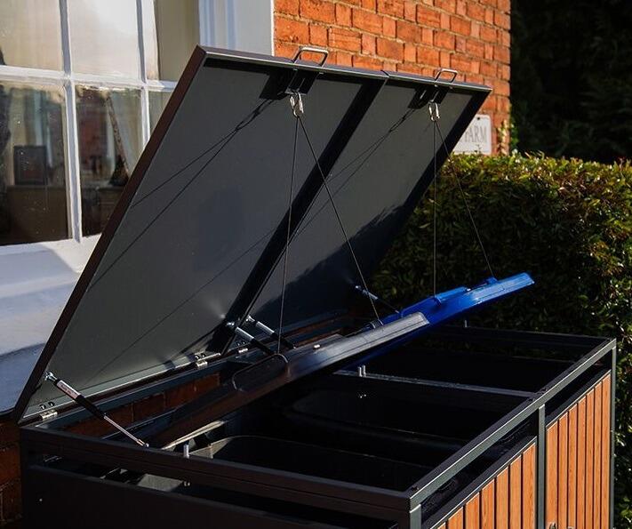 grey galvanised steel modern triple wheelie bin cover