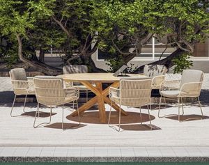 teak round patio garden dining table prado 160 cm 6-8 seater modern outdoor rope weave all weather chairs