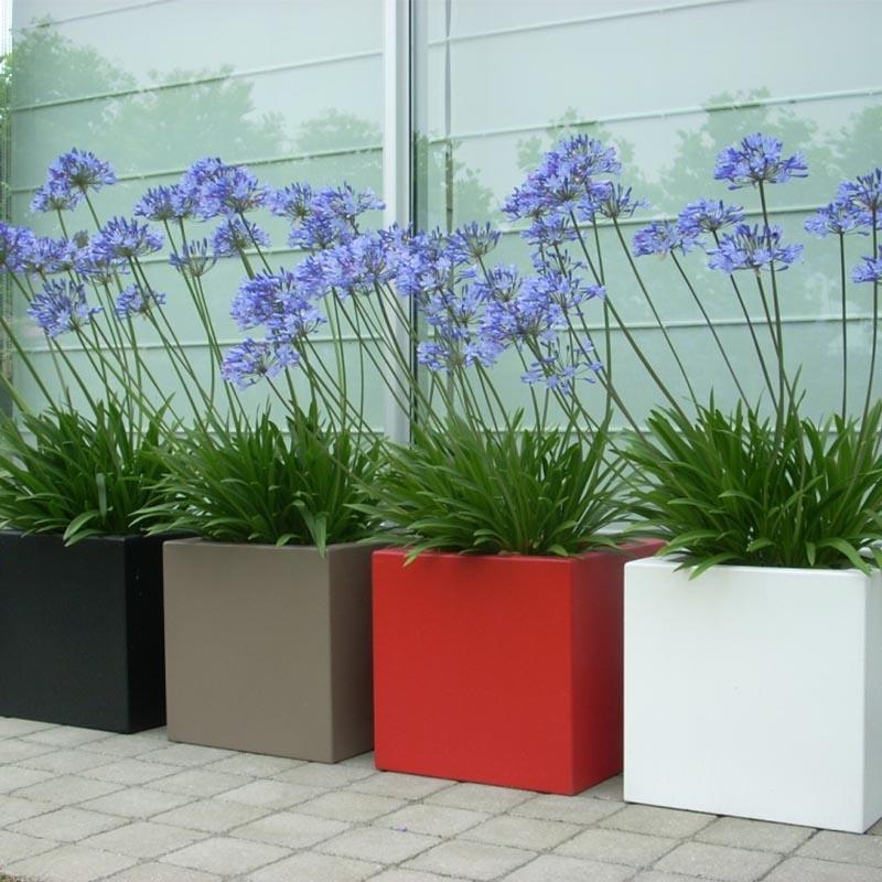 cubed fibreglass garden planter outdoors in grey red and white