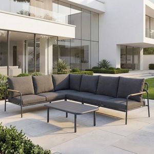 modern patio garden lounge corner sofa set aluminium metal all weather fabric cushions grey outdoor lounge furniture