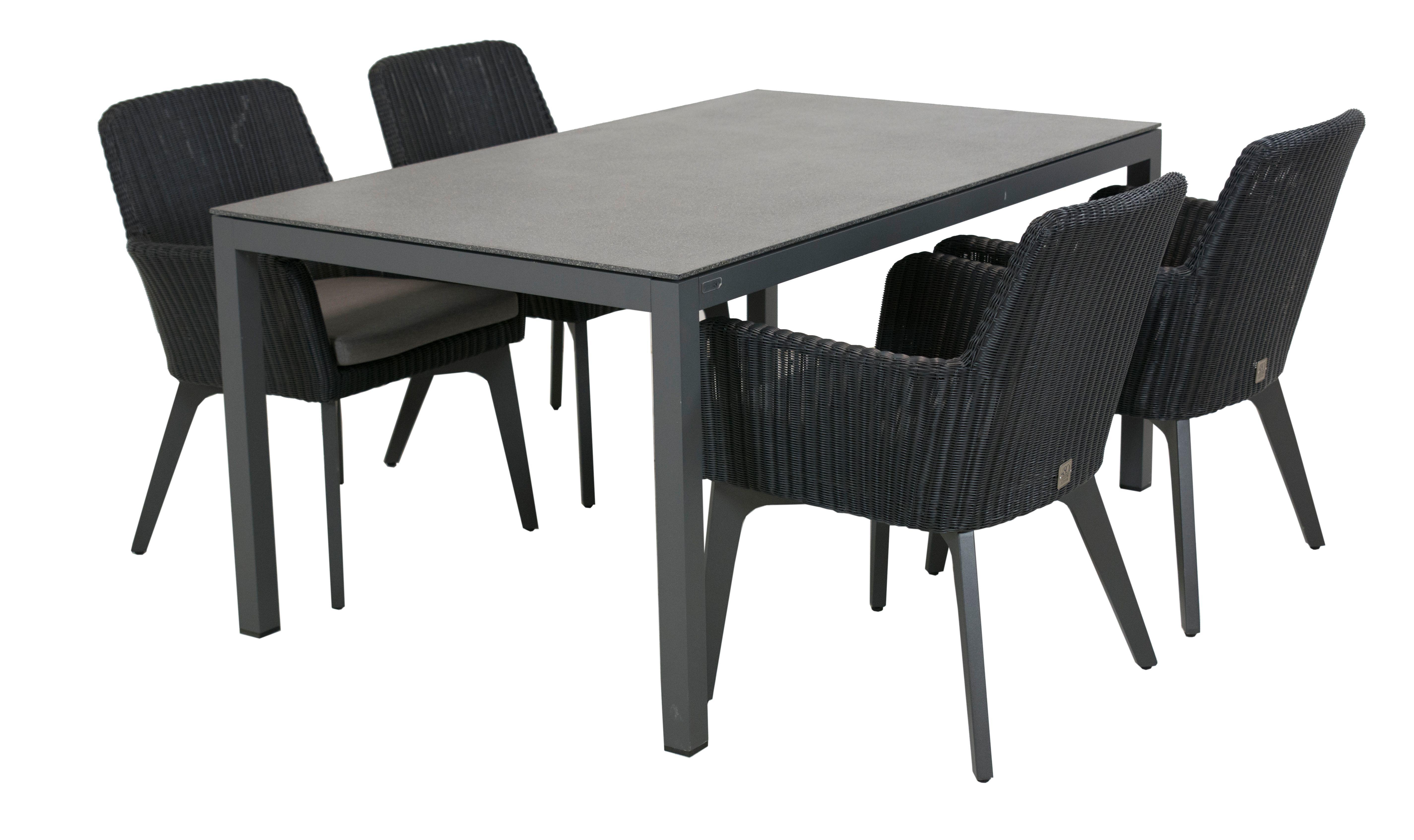 160 cm HPL and aluminium garden dining table and 4 rattan wicker dining chairs