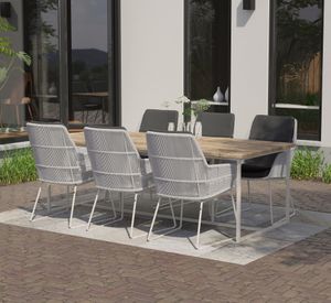 rope weave garden dining chairs in frost light grey weatherproof weave and modern teak table with white aluminium frame