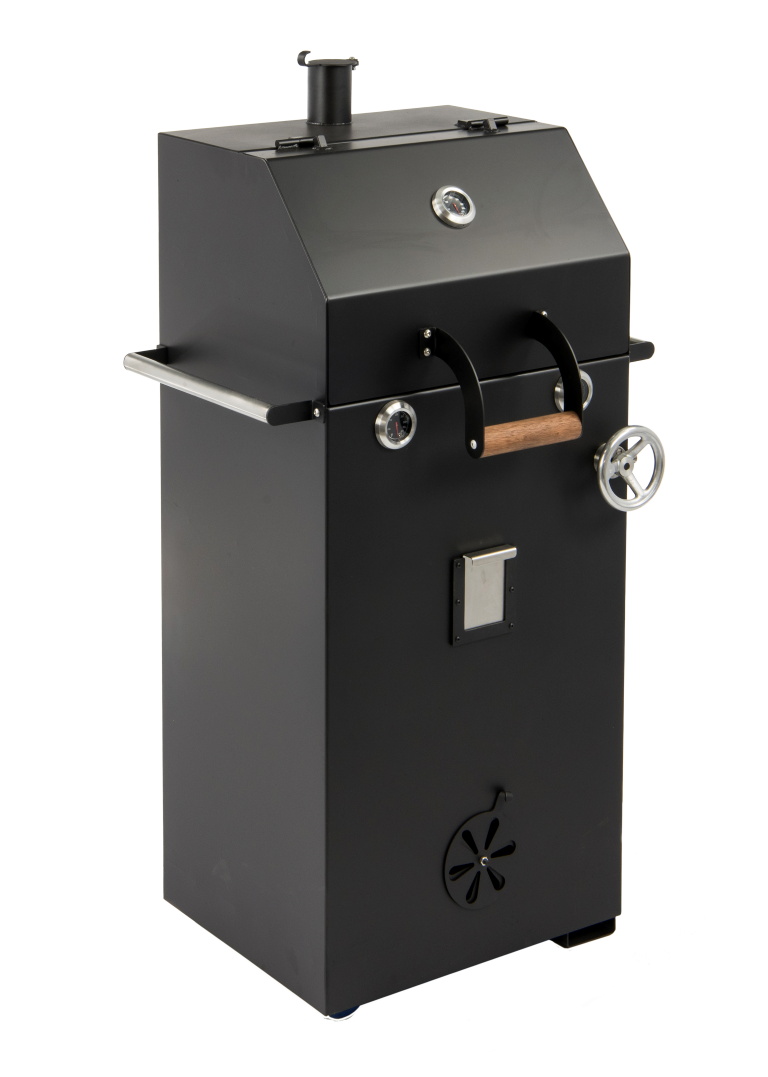cut out of charcoal wood garden bbq in black steel with lid