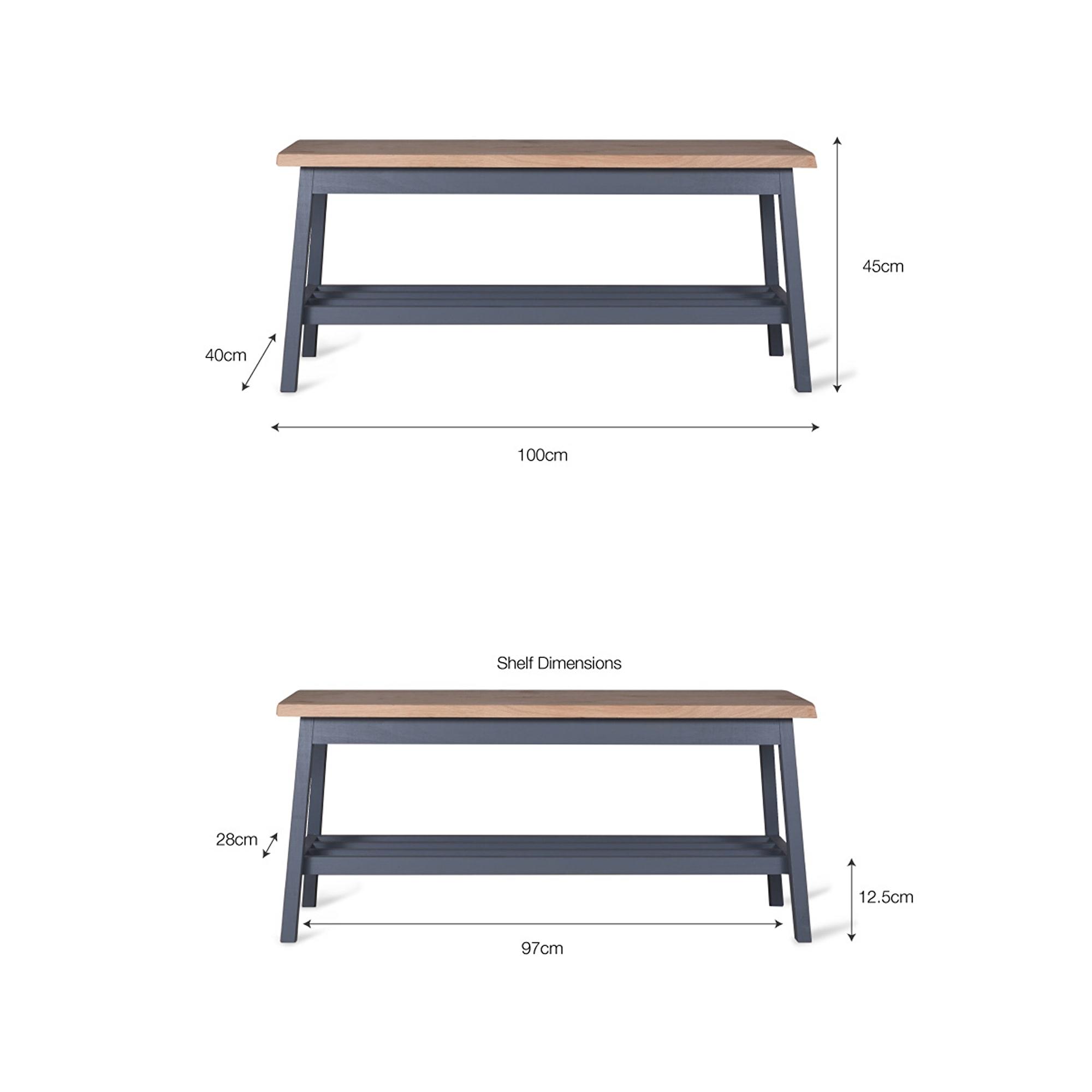 dimensions of painted blue-grey indoor hallway bench in beech wood and oak veneer