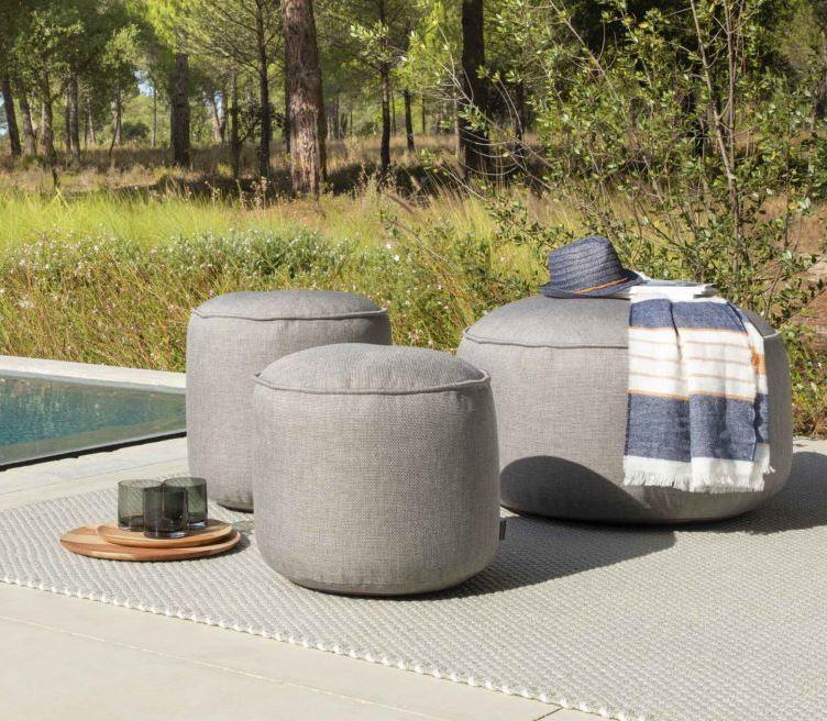 set of 3 greay weather resistant fabric garden poufs or seating or stools