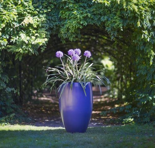 blue curvy outdoor garden planter in high quality fibreglass