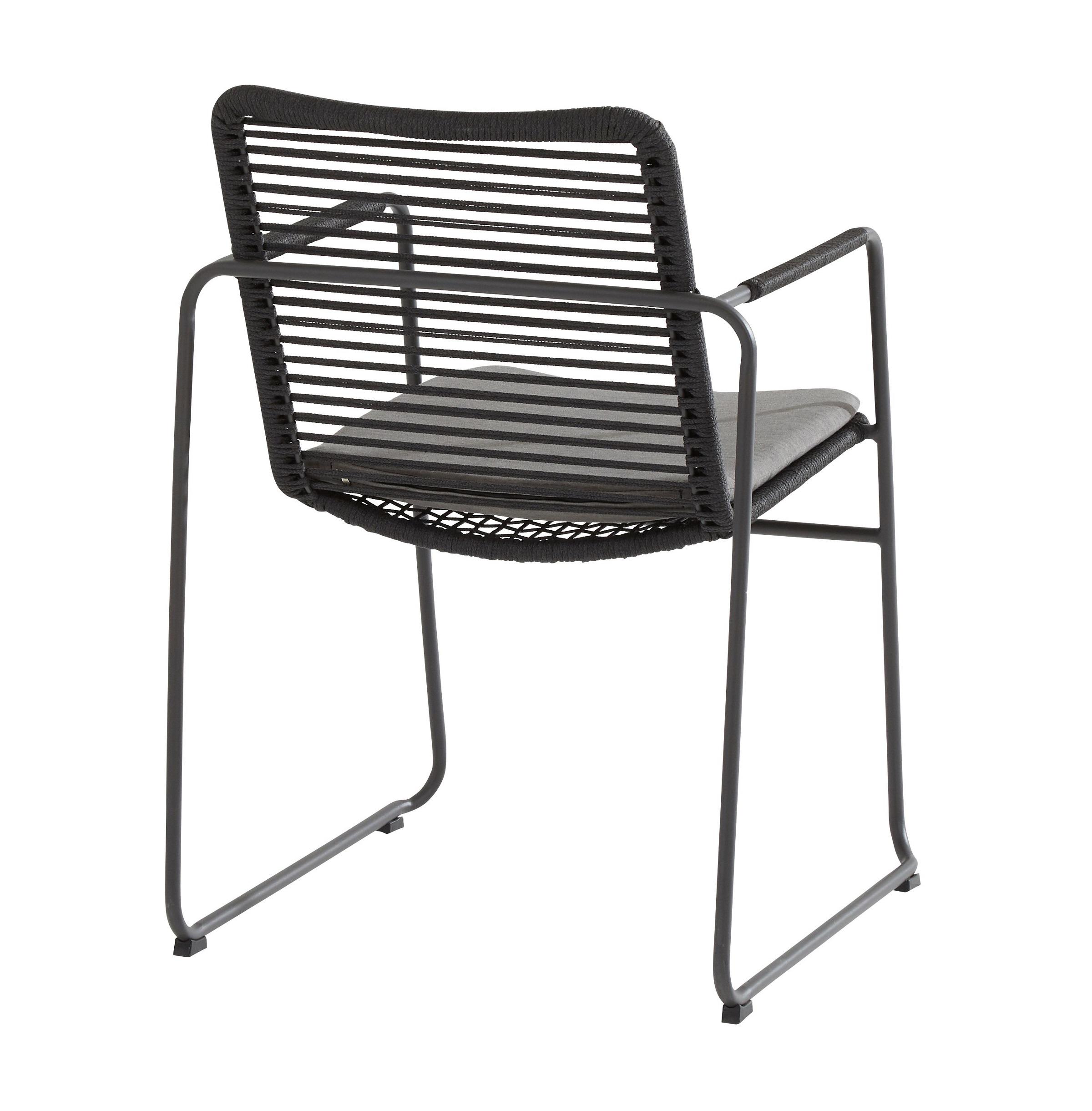 back view of slimline metal grey stackable garden dining chair with rope weave