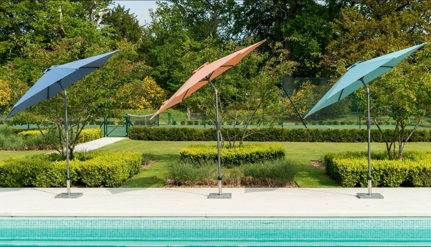 blue colourful garden parasol with tilt mechanism in 2.5m and 3 m sizes